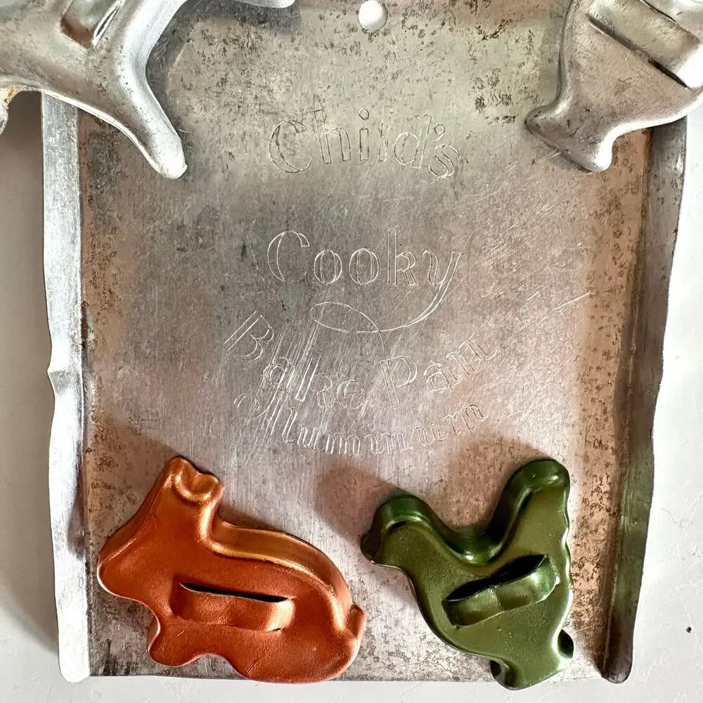 Vintage Child's Cooky Bake Pan Aluminum Toy Baking Set 4 Cookie Cutters